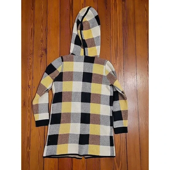 Cabi Sweater Coat Toggle Jacket Yellow Blue Ivory Plaid Check Hooded Size Medium - Picture 7 of 10